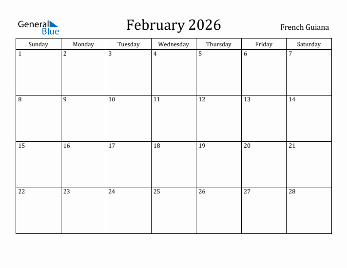 February 2026 Calendar French Guiana