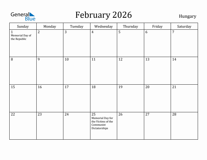 February 2026 Calendar Hungary