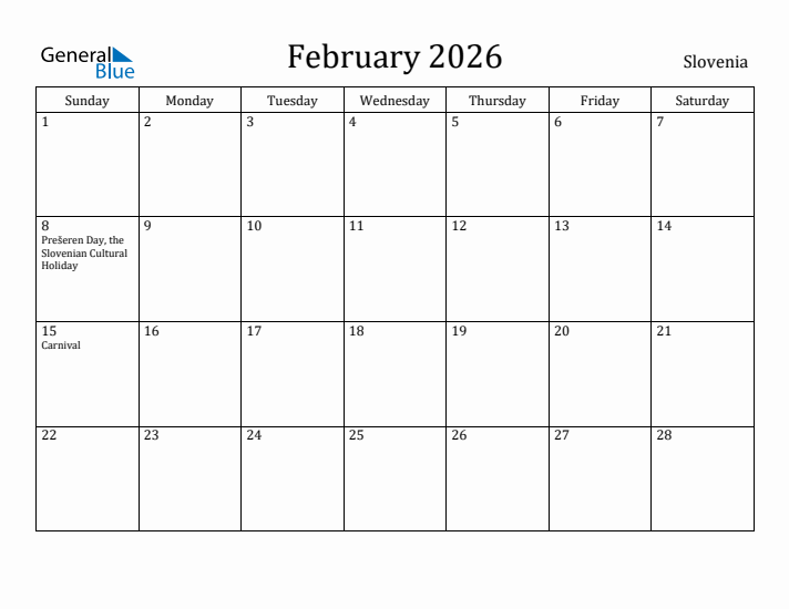 February 2026 Calendar Slovenia