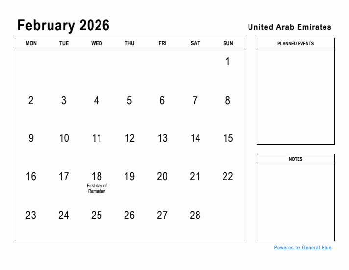 February 2026 Printable Monthly Calendar with United Arab Emirates Holidays