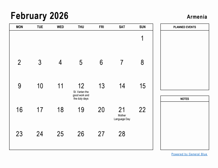 February 2026 Printable Monthly Calendar with Armenia Holidays