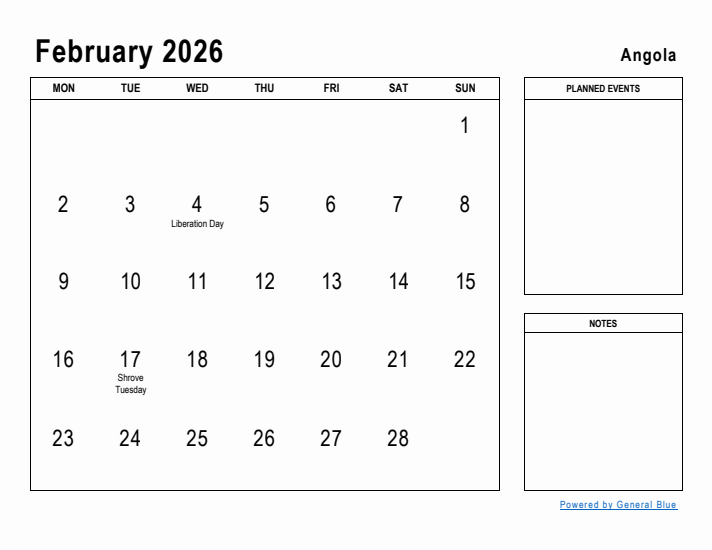 February 2026 Printable Monthly Calendar with Angola Holidays