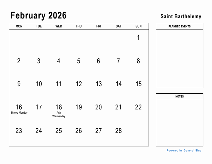 February 2026 Printable Monthly Calendar with Saint Barthelemy Holidays