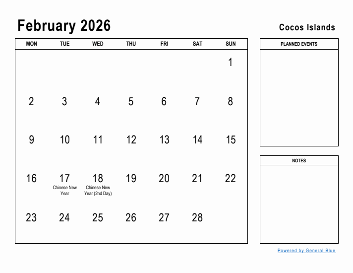 February 2026 Printable Monthly Calendar with Cocos Islands Holidays