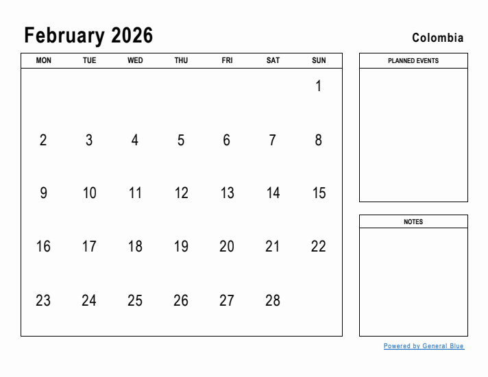 February 2026 Printable Monthly Calendar with Colombia Holidays