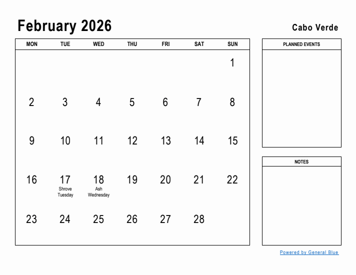 February 2026 Printable Monthly Calendar with Cabo Verde Holidays