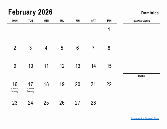 February 2026 Printable Monthly Calendar with Dominica Holidays