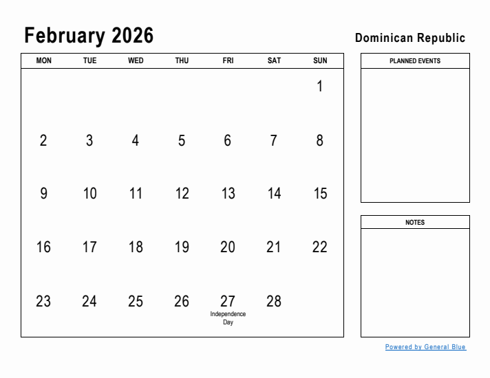 February 2026 Printable Monthly Calendar with Dominican Republic Holidays