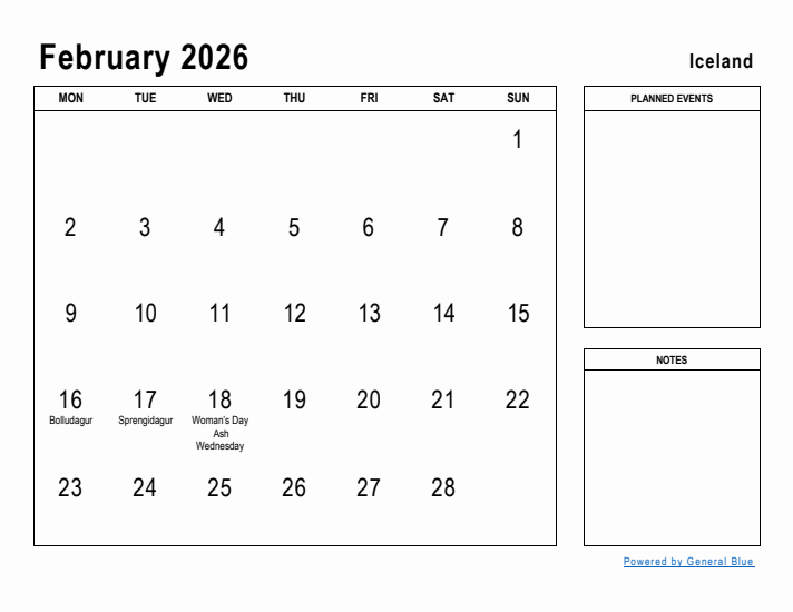 February 2026 Printable Monthly Calendar with Iceland Holidays