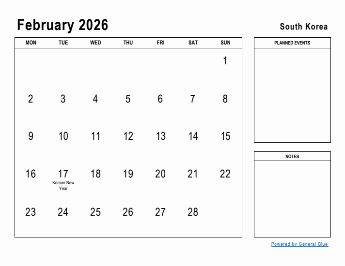 February 2026 Printable Monthly Calendar with South Korea Holidays