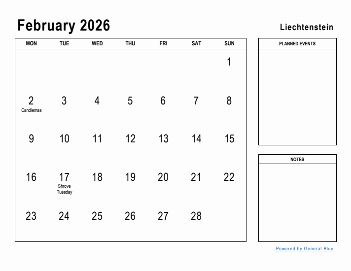 February 2026 Printable Monthly Calendar with Liechtenstein Holidays