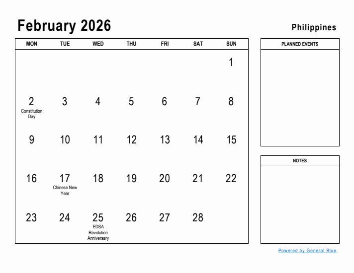 February 2026 Printable Monthly Calendar with Philippines Holidays