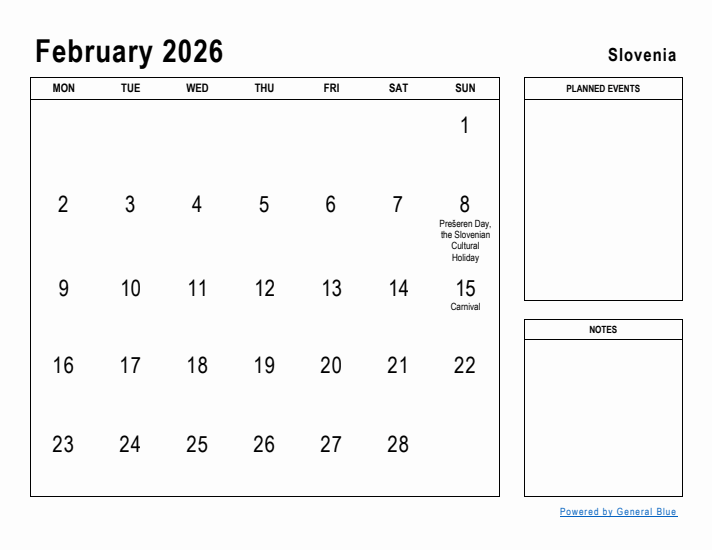 February 2026 Printable Monthly Calendar with Slovenia Holidays