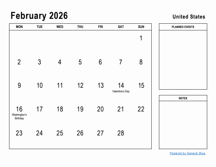 February 2026 Printable Monthly Calendar with United States Holidays