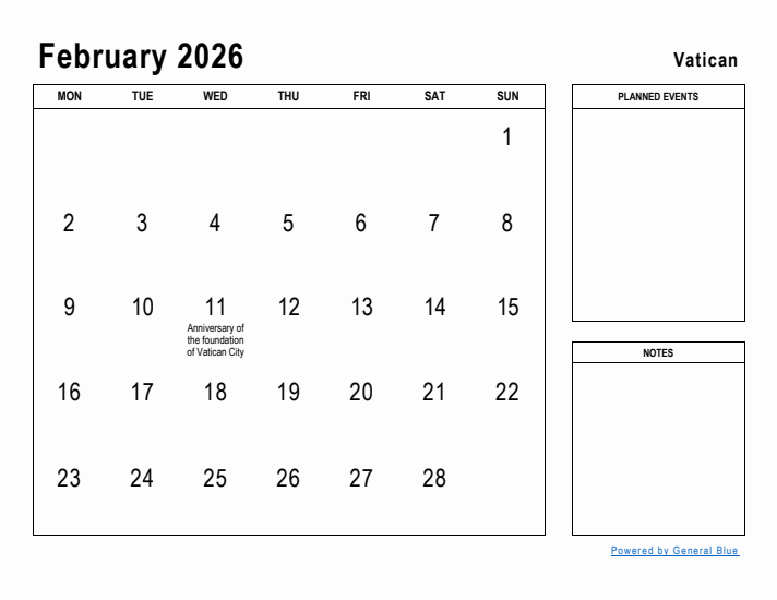 February 2026 Printable Monthly Calendar with Vatican Holidays