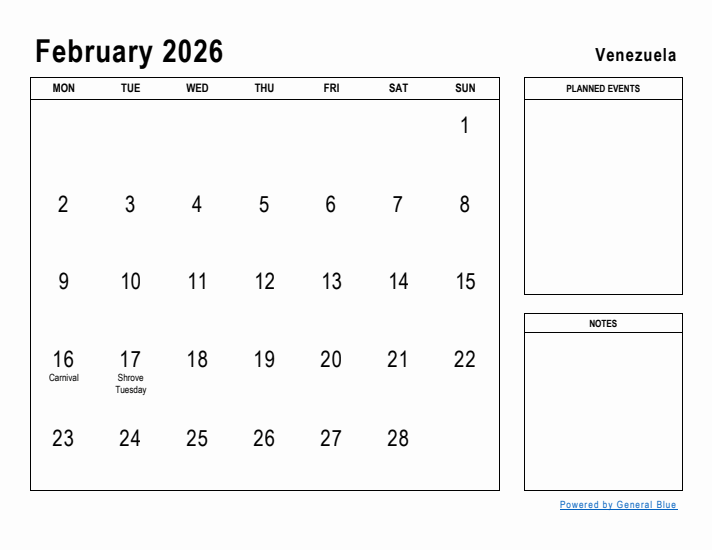 February 2026 Printable Monthly Calendar with Venezuela Holidays