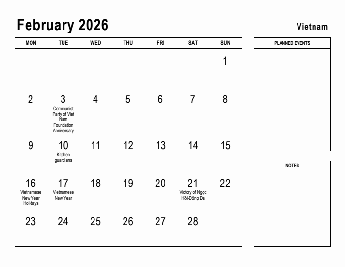 February 2026 Printable Monthly Calendar with Vietnam Holidays