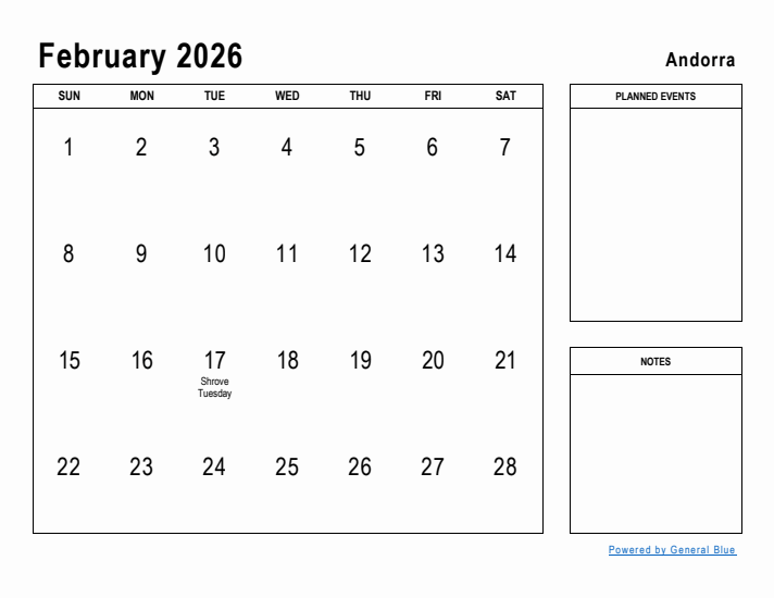 February 2026 Printable Monthly Calendar with Andorra Holidays