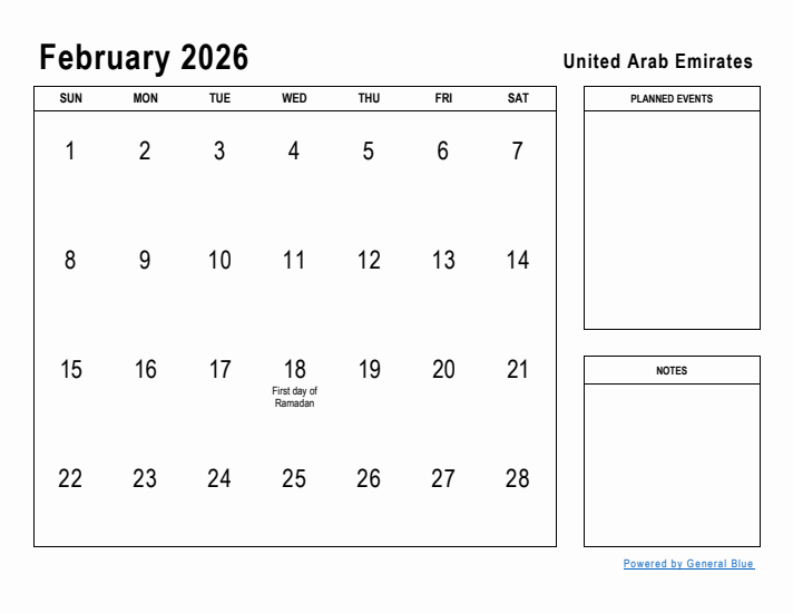 February 2026 Printable Monthly Calendar with United Arab Emirates Holidays