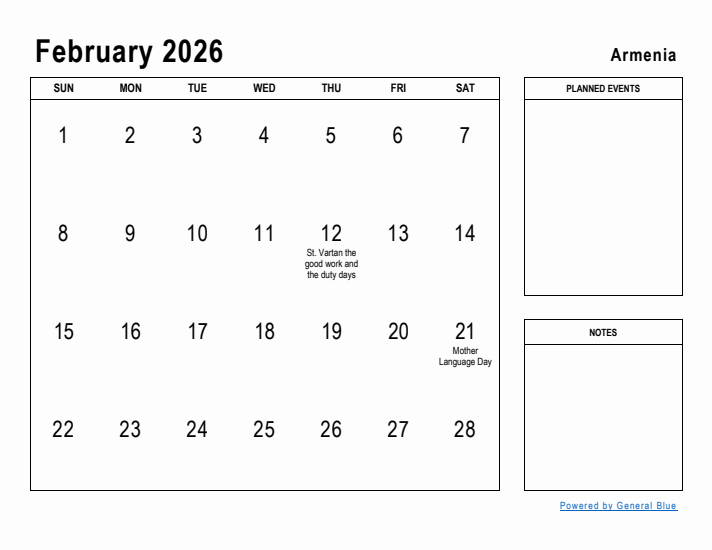 February 2026 Printable Monthly Calendar with Armenia Holidays