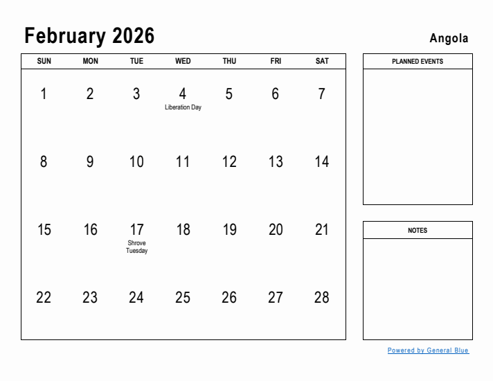 February 2026 Printable Monthly Calendar with Angola Holidays