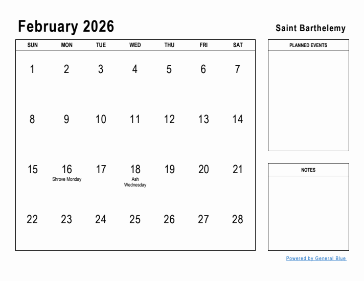 February 2026 Printable Monthly Calendar with Saint Barthelemy Holidays