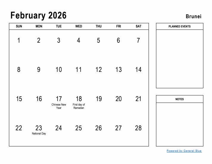 February 2026 Printable Monthly Calendar with Brunei Holidays