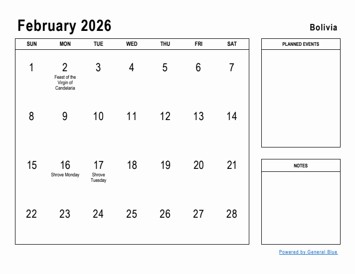 February 2026 Printable Monthly Calendar with Bolivia Holidays