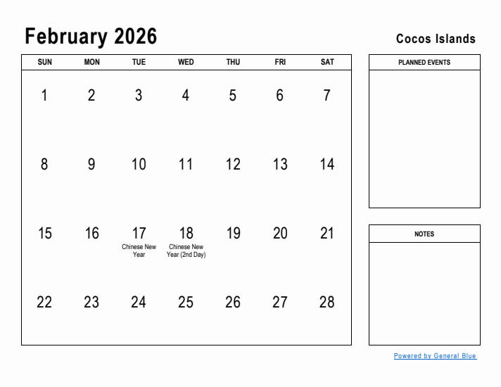 February 2026 Printable Monthly Calendar with Cocos Islands Holidays