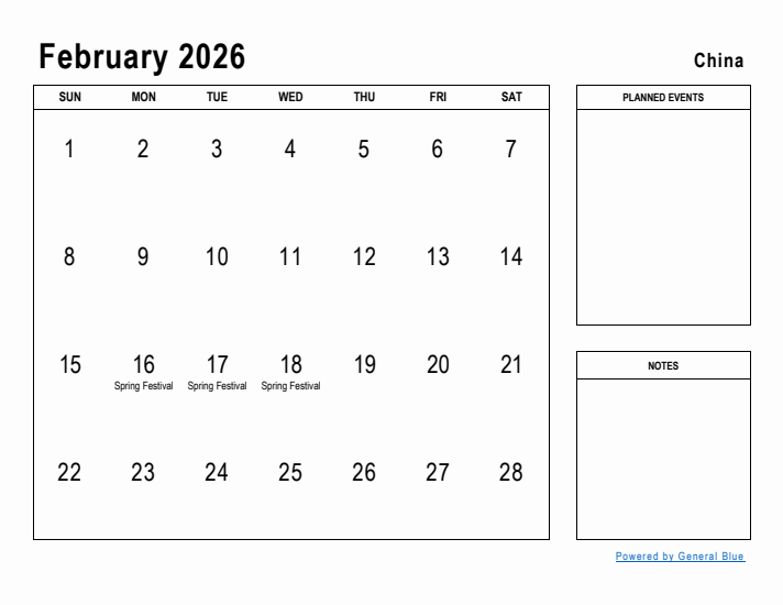 February 2026 Printable Monthly Calendar with China Holidays