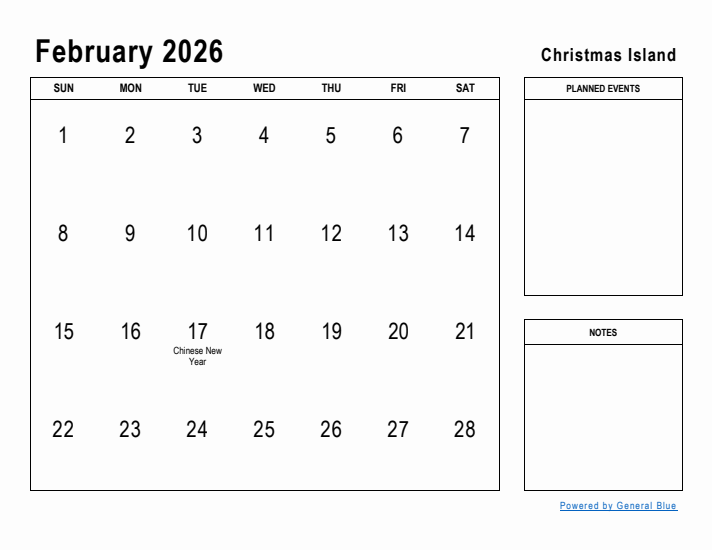 February 2026 Printable Monthly Calendar with Christmas Island Holidays