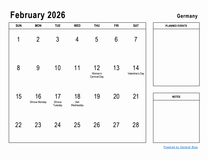 February 2026 Printable Monthly Calendar with Germany Holidays