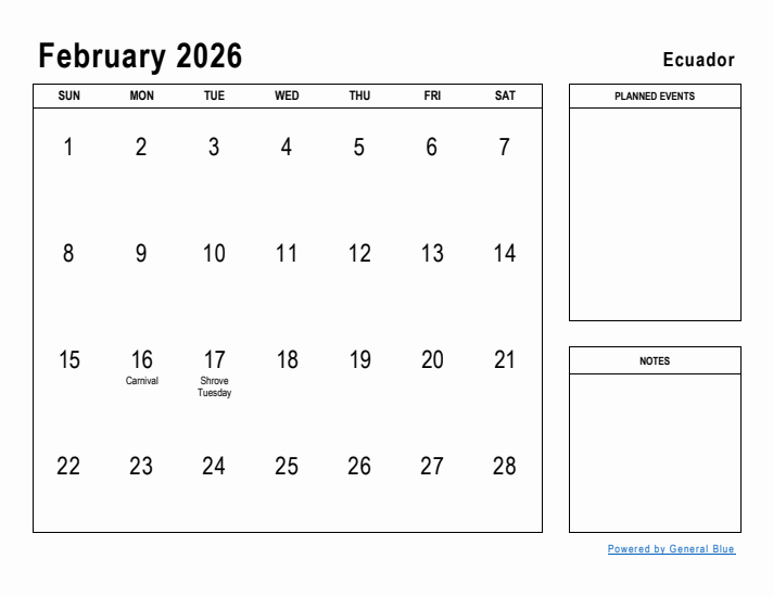 February 2026 Printable Monthly Calendar with Ecuador Holidays