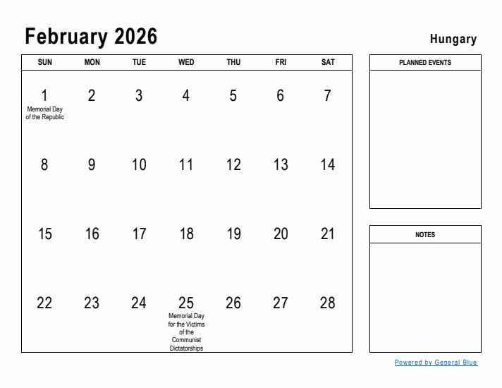 February 2026 Printable Monthly Calendar with Hungary Holidays