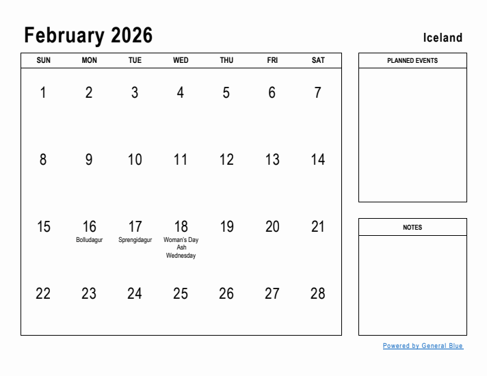 February 2026 Printable Monthly Calendar with Iceland Holidays