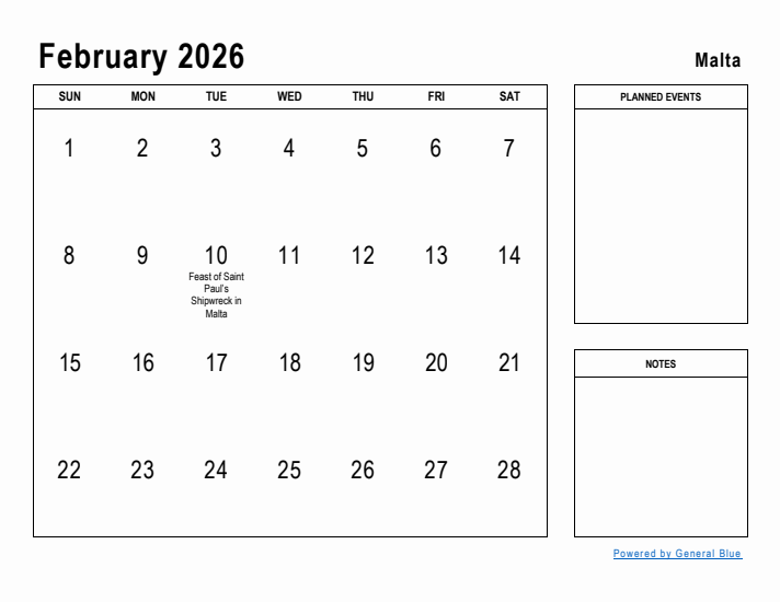 February 2026 Printable Monthly Calendar with Malta Holidays