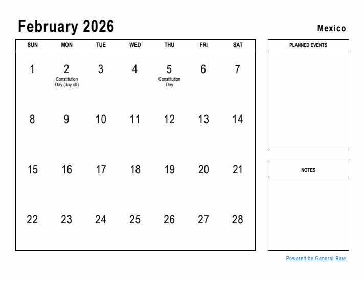 February 2026 Printable Monthly Calendar with Mexico Holidays