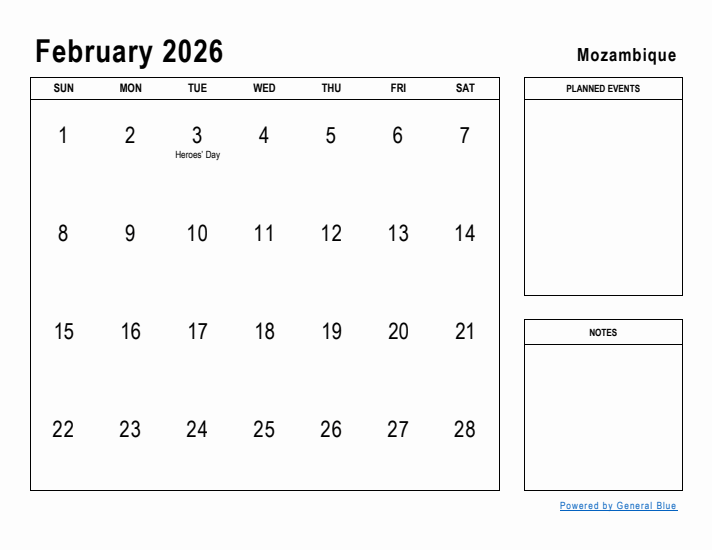 February 2026 Printable Monthly Calendar with Mozambique Holidays