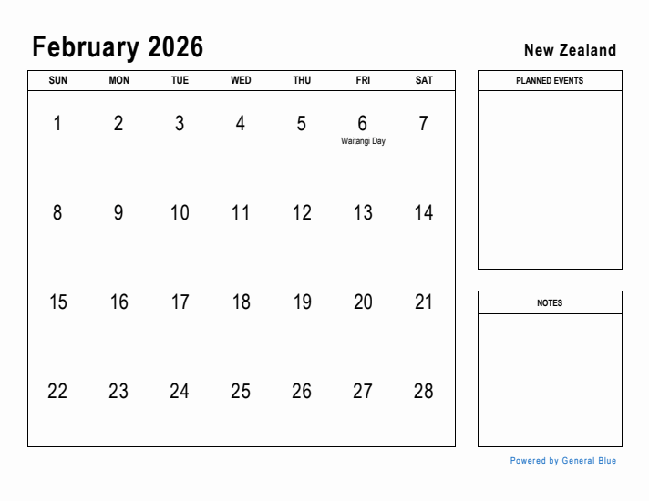 February 2026 Printable Monthly Calendar with New Zealand Holidays