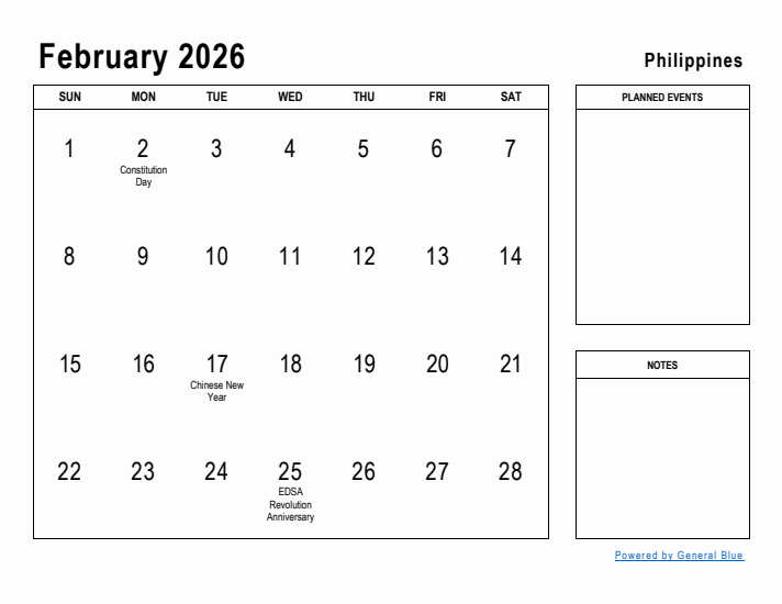 February 2026 Printable Monthly Calendar with Philippines Holidays