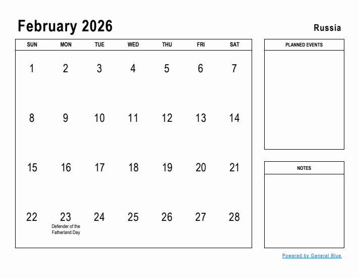 February 2026 Printable Monthly Calendar with Russia Holidays