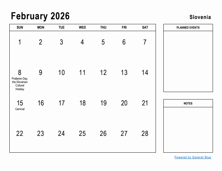 February 2026 Printable Monthly Calendar with Slovenia Holidays