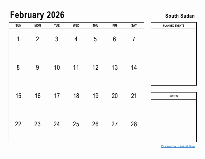 February 2026 Printable Monthly Calendar with South Sudan Holidays