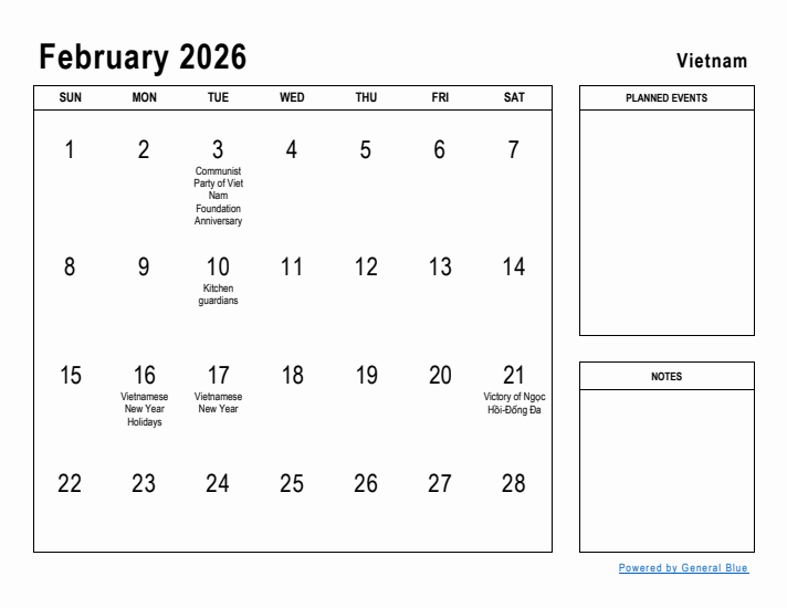 February 2026 Printable Monthly Calendar with Vietnam Holidays