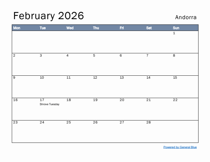 February 2026 Simple Monthly Calendar for Andorra