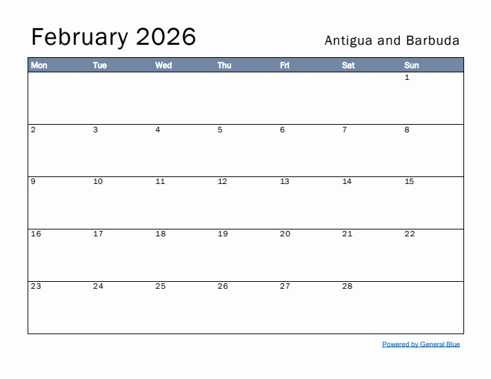 February 2026 Simple Monthly Calendar for Antigua and Barbuda