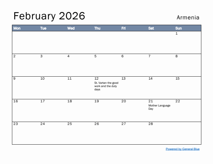 February 2026 Simple Monthly Calendar for Armenia