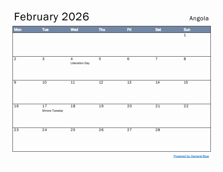 February 2026 Simple Monthly Calendar for Angola