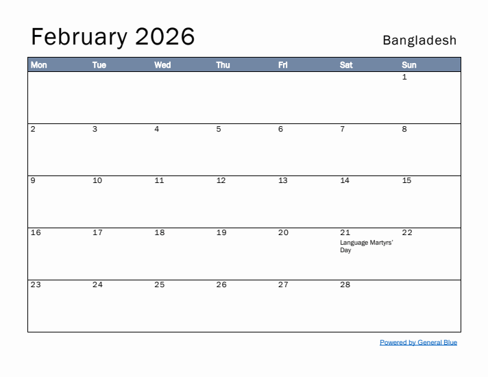 February 2026 Simple Monthly Calendar for Bangladesh