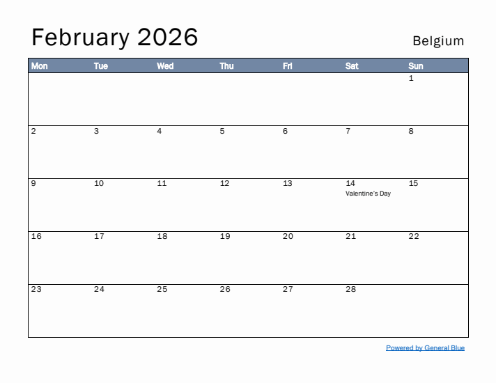 February 2026 Simple Monthly Calendar for Belgium